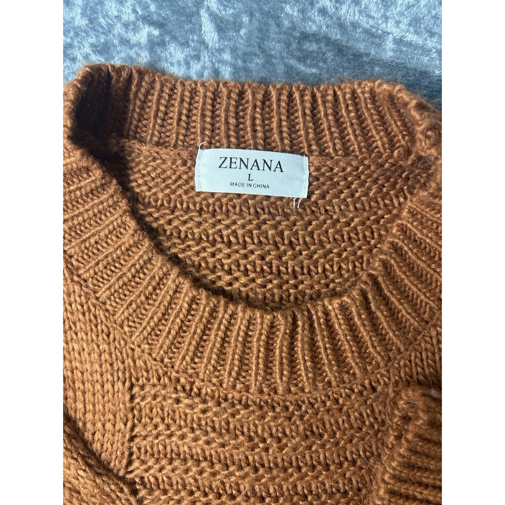 Zenana Sweater Womens Large Rust Brown Cable Knit Chunky Crewneck Pullover - Picture 3 of 8